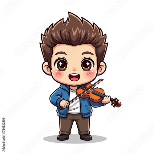 A cute cartoon boy happily playing a violin Vector illustration kawaii