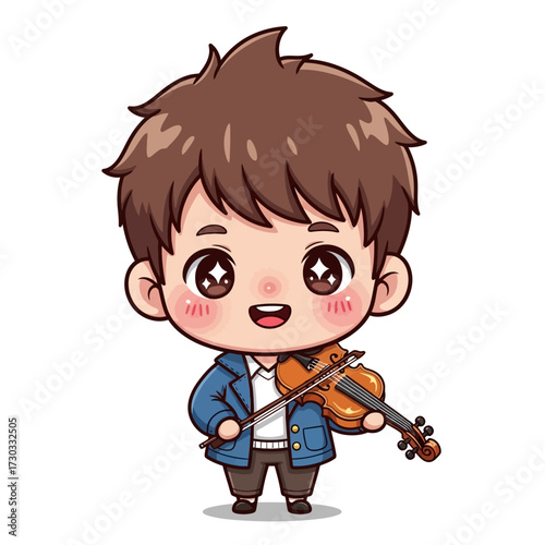 A charming cartoon of a young boy playing the violin. He exudes joy, bringing music to life with his instrument. Vector illustration kawaii