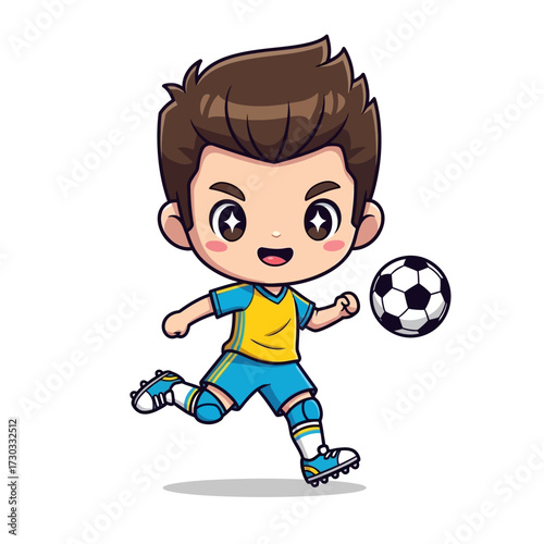 A lively illustration of a cartoon soccer player, kicking a soccer ball in motion. The image is playful and engaging, capturing the energy of the game Vector illustration kawaii