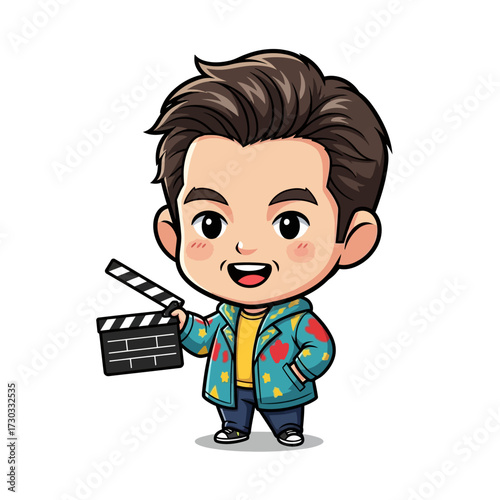A charming cartoon illustration of a person holding a clapperboard Vector illustration kawaii