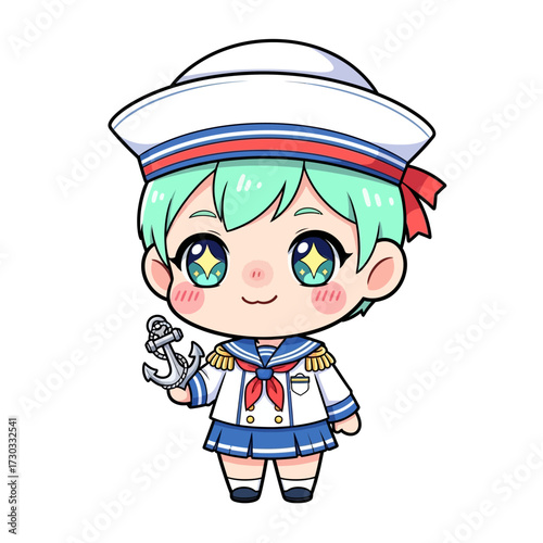 A cute cartoon sailor holding an anchor, dressed in a classic sailor uniform Vector illustration kawaii