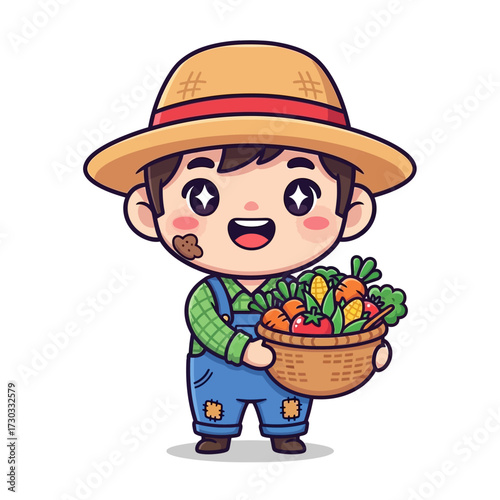 A smiling farmer in a straw hat, holding a basket full of fresh vegetables Vector illustration kawaii
