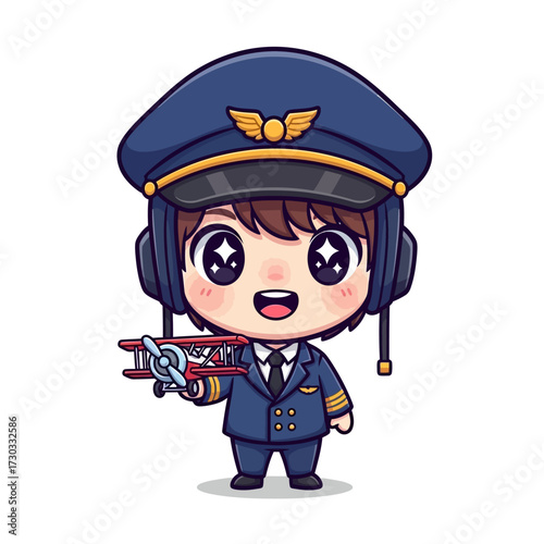 Cute Cartoon Pilot Holding Toy Airplane Vector illustration kawaii