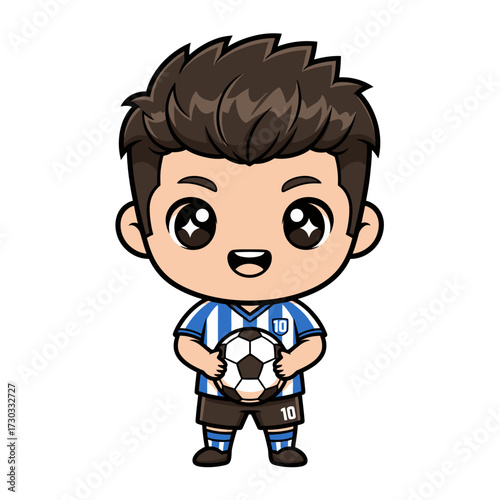 A charming cartoon soccer player with a ball, exuding cuteness and sport spirit. He holds a soccer ball and wears sports uniform Vector illustration kawaii