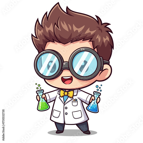 A Cartoon scientist holding two test tubes filled with colorful liquid Vector illustration kawaii