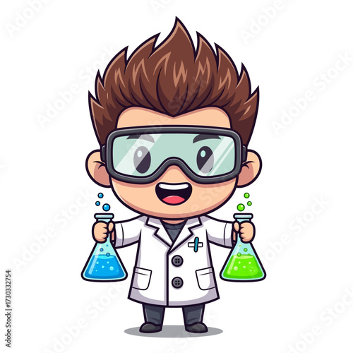 A cartoon scientist holding two beakers filled with colorful liquids, with excited face expression Vector illustration kawaii