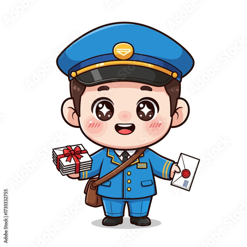 Cute cartoon postman character holding letter and package smiling, delivering letters. Smiling postman in uniform with mail bag. Vector illustration kawaii
