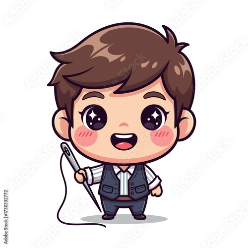A cheerful cartoon tailor holding a needle and thread. A creative illustration perfect for various design projects Vector illustration kawaii