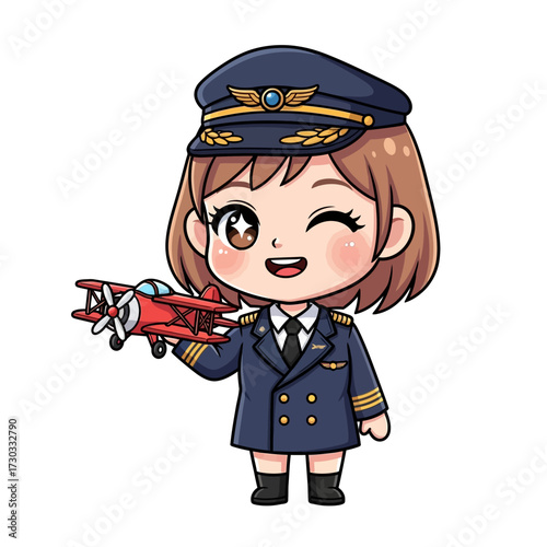 Cute Cartoon pilot winking and holding an airplane Vector illustration kawaii