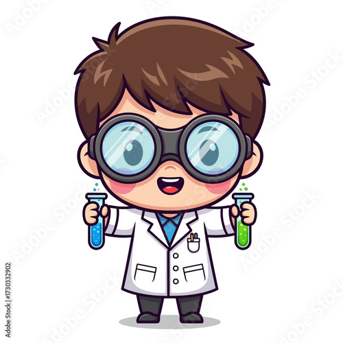 A cute cartoon scientist holds test tubes with joy. The scientist has eyeglasses and wears a lab coat, creating a fun and engaging image Vector illustration kawaii