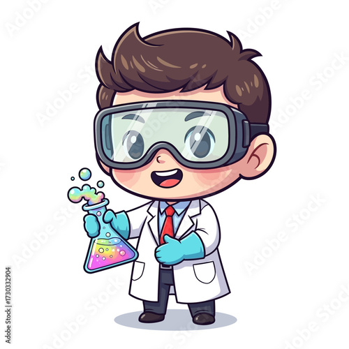 A scientist holding a flask in a laboratory. A cartoon character in the lab with a glass Vector illustration kawaii