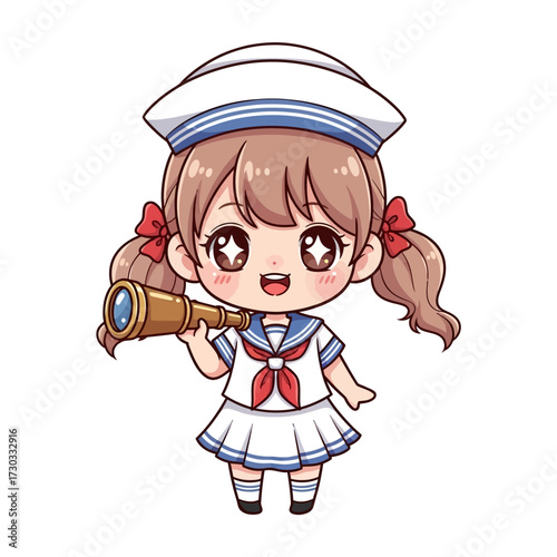 Cute cartoon sailor girl holding a spyglass, ready for adventure. The sailor girl wears a classic nautical uniform and has an exciting look in her eyes. Vector illustration kawaii