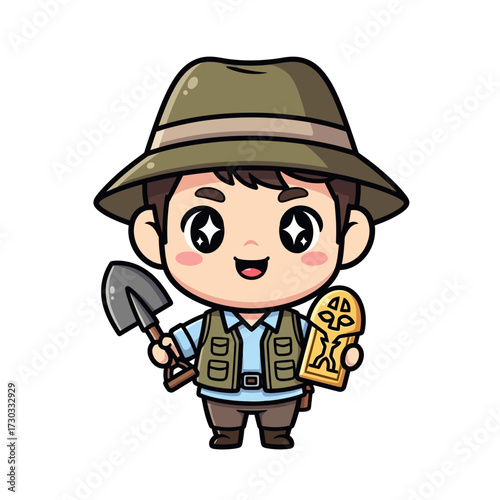 A charming cartoon archaeologist holding a shovel and ancient artifact with delight. The image captures a friendly and adventurous vibe. Vector illustration kawaii