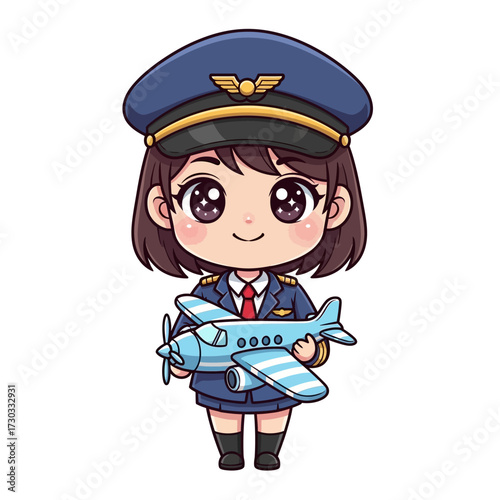 A cute cartoon pilot holding a small airplane Vector illustration kawaii