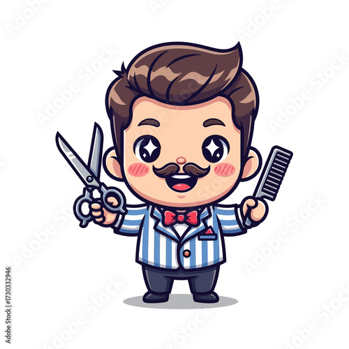 A cheerful barber holding scissors and a comb, ready to offer his grooming services. A cute cartoon of barber ready to work Vector illustration kawaii