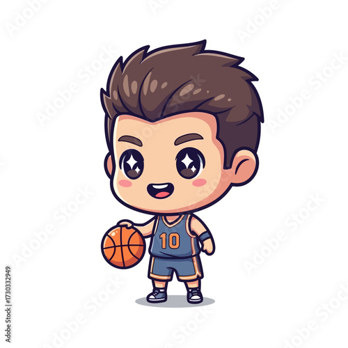 A cartoon of a cheerful young basketball player holding a basketball and ready to play Vector illustration kawaii