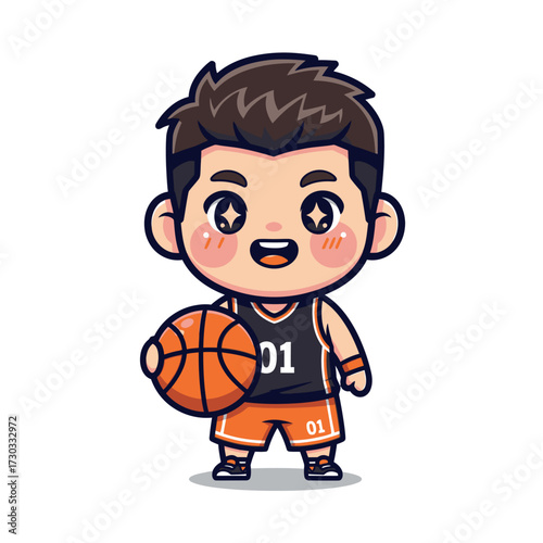 A cute cartoon character of a basketball player is shown with an orange basketball. The player is drawn in a chibi style with big, sparkling eyes and a cheerful expression Vector illustration kawaii