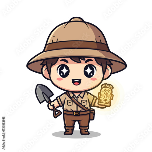 A charming cartoon archaeologist holding a shovel and an ancient artifact, ready for adventure! Vector illustration kawaii