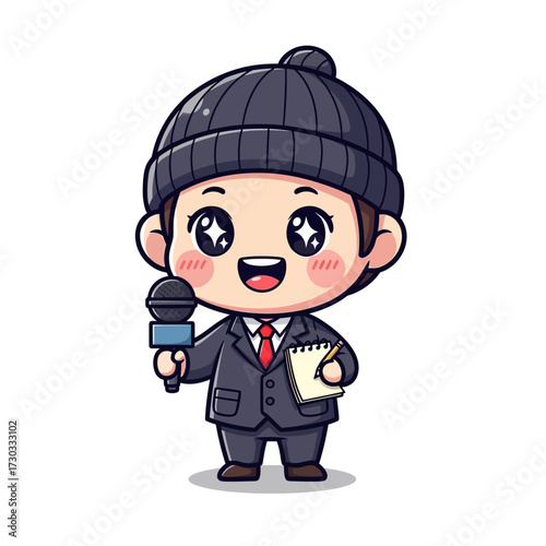Cartoon journalist holding microphone and notepad Vector illustration kawaii