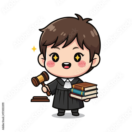 A cute cartoon judge with a gavel and law books Vector illustration kawaii