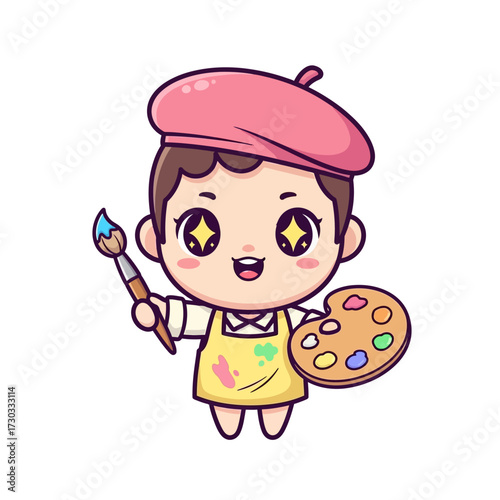 A cute little artist ready to paint with a brush and color palette, expressing creativity and imagination. Vector illustration kawaii