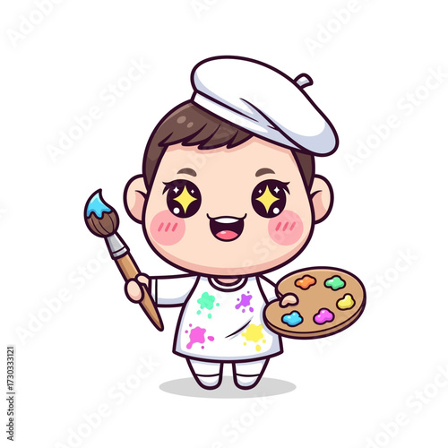 A cute artist character in a beret, holding a paintbrush and palette, is ready to paint a masterpiece. Vector illustration kawaii