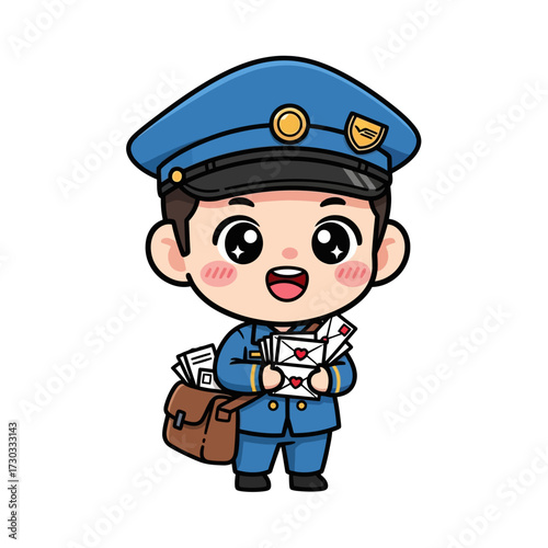 Cute mailman character with mail bag and letters, wearing blue uniform and cap, standing ready to deliver happy mail Vector illustration kawaii