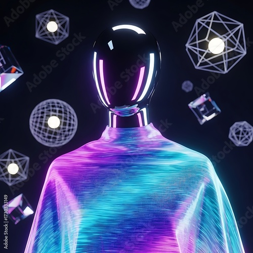 Surreal Futuristic Figure in Glowing Geometric Shapes, A Cyberpunk Aesthetic