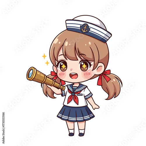 A charming cartoon sailor girl joyfully holding a telescope. She is dressed in a navy uniform and is beaming with delight Vector illustration kawaii