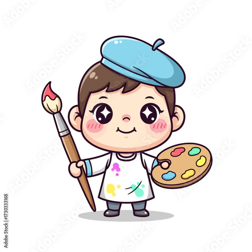 A cheerful artist holding a paintbrush and palette, ready to create Vector illustration kawaii