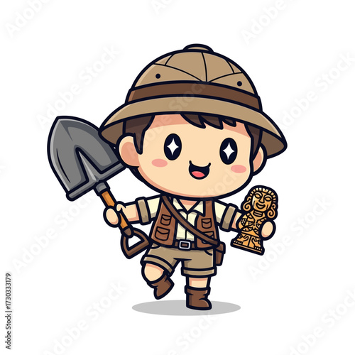 Adventurous explorer cartoon illustration, with a cute explorer boy holding a golden statue and a shovel Vector illustration kawaii