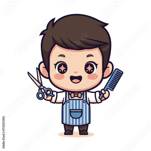 A cartoon barber holding a comb and scissors in his hand. The barber is wearing a blue apron and bow tie and is smiling Vector illustration kawaii