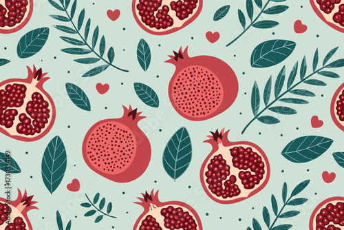 A seamless pattern of pomegranates and leaves on a light blue background.
