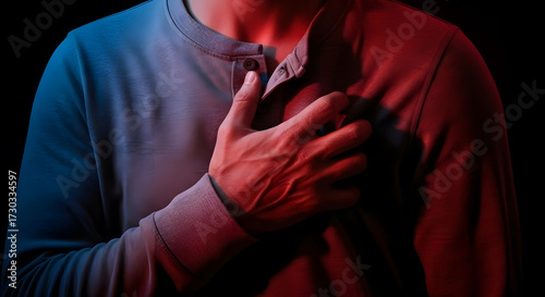 Man clutching chest in pain, red and blue lighting, concept of heart attack or chest pain