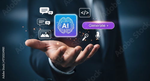 Artificial Intelligence innovation for content generation, AI technology producing text, images, code and speech, futuristic digital transformation and automation concept