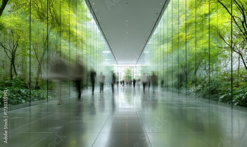 Glass office and working space with blurred people walking fast movement, Eco-friendly featuring sustainable building with green environment and trees, green environment in city