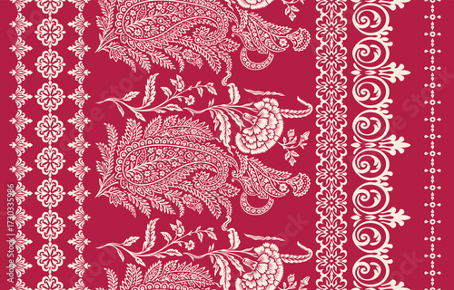 floral pattern vintage ethnic modern embroidery texture boho design vector illustration hand drawn pink flower motif branches leaves wallpaper seamless background border.