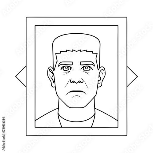 Line art illustration of a man with a serious expression in a frame - Concept of icons  