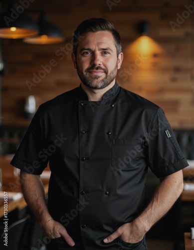 Culinary specialist standing confidently beside a restaurant area