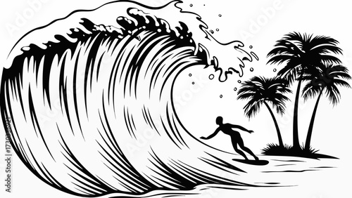 Dynamic surfer carving a massive ocean wave near tropical palm trees, capturing the thrill of adventure and summer beach lifestyle