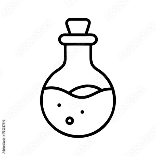 Laboratory flask with liquid and bubbles, concept of icons  