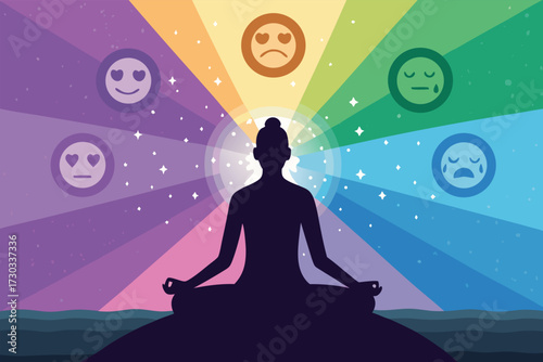 Silhouette of a person meditating surrounded by colorful emotions and light.