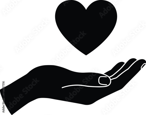 Black and white vector illustration of human hand holding heart symbol representing love, care, charity, kindness, support, compassion, donation, giving.