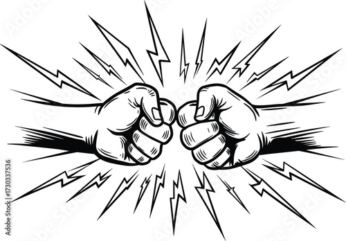 Black and white vector illustration of two fists bumping with energy lines symbolizing friendship, teamwork, unity, agreement, cooperation, partnership, power.