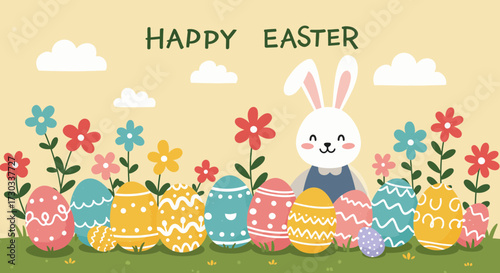 Happy Easter illustration with bunny, colorful eggs, and flowers, perfect for spring
