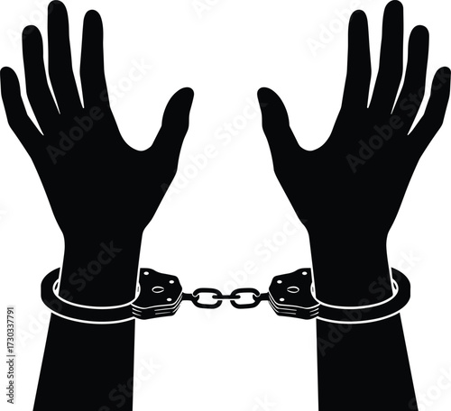 Silhouette of raised human hands in handcuffs vector illustration symbolizing arrest, restriction, imprisonment, freedom loss, justice and law enforcement.
