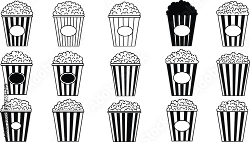 Popcorn bucket vector illustration set with striped containers, snack food icons perfect for cinema, movie night, entertainment, fast food design.