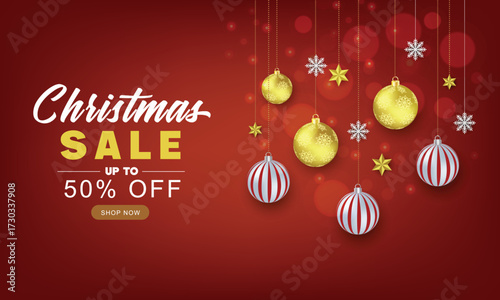 Christmas sale banner red background with Christmas hanging Ornament, stars and snowflakes