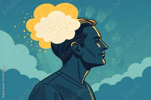 Profile of a man with a cloud of yellow and white ideas above his head.