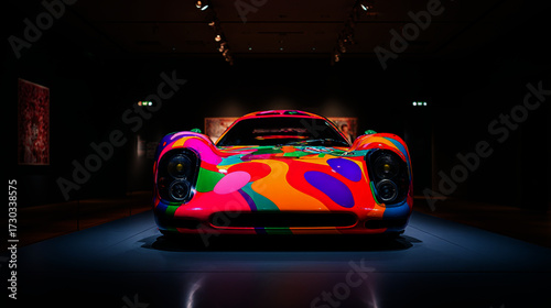 Vibrant Colorful Sports Car in Modern Gallery Exhibition